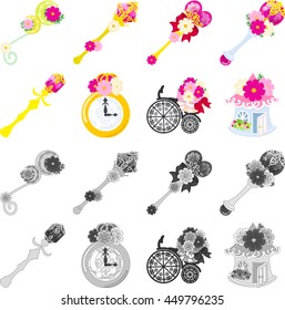 The cute icons of cosmos objects such as magic stick and etc
