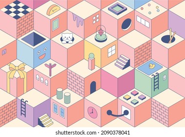 Cute icons in cube space. Space movement through the hole and items are placed on the cube. flat design style vector illustration.