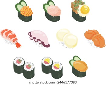 The cute icons of delicious sushi where you can enjoy fresh seafood.