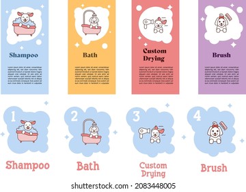 Cute icons dog grooming. Pets icon set with a dog that is grooming: colourful pastel flyers and bubble text steps. 