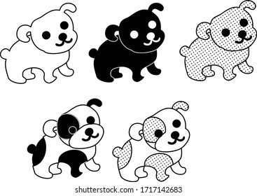 The cute icons of dogs drawn in monochrome