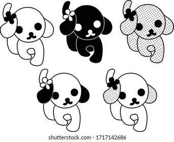 The cute icons of dogs drawn in monochrome