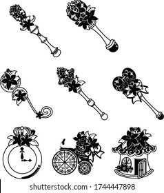 The cute icons of flower objects such as magic stick and etc