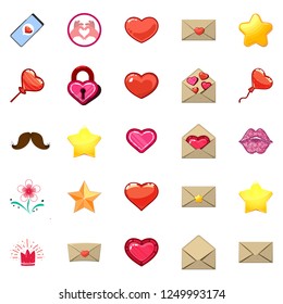 Cute icons of heart and love message, in a game mixed style