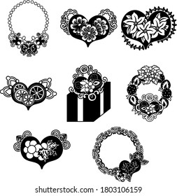 The cute icons of heart objects such as pendant and broach and present and wreath