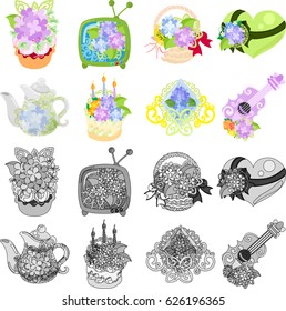 The cute icons of hydrangea objects such as tart and TV and flower basket and heart and pot and cake and tiara and guitar