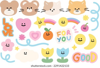 Cute icons including animals, heart, star, flowers, happy face, fruits, rainbow and abstract shapes. For decorations, stickers, banners, fabric print, posters, social media and many more.