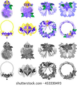 The cute icons of purple flower objects such as perfume or ribbon and etc