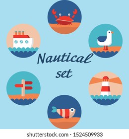cute icons sea objects collection. vector illustration
