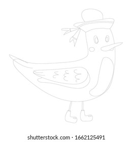 Cute icons of seagull in sailor hat outline isolated on white background. Doodle stock vector illustration for kids, cartoon flat  background for baby print, textile, fabric,t-shirt, coloring page.