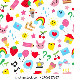 Cute icons seamless pattern. Cartoon doodle style vector symbols of house, flower, star, cherry, rainbow, bunny, love letter, coffee, cake, music, etc