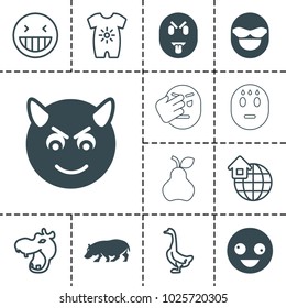 Cute icons. set of 13 editable filled and outline cute icons such as hippopotamus, crazy emot, devil emot, goose, baby onesie, global home