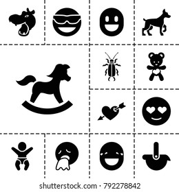 Cute icons. set of 13 editable filled cute icons such as hippopotamus, emot in sun glasses, emot in love, bear teddy, robot, dog, beetle, heart with arrow, newborn child