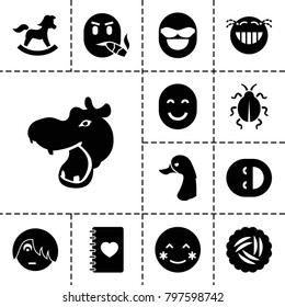 Cute icons. set of 13 editable filled cute icons such as nest, hippopotamus, blush, laughing emot, emo emot, notebook with heart, goose, toy horse