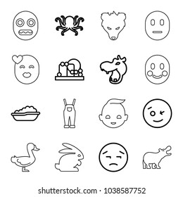 Cute icons. set of 16 editable outline cute icons such as hippopotamus, octopus, baby bath, baby toy, wink emot, upset emot, rabbit, goose, baby, bear, gardener jumpsuit