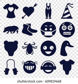 Cute icons set. set of 16 cute filled icons such as goose, beetle, hippopotamus, baby onesie, baby mitten, socks, crazy emot, laughing emot, emoji, shocked emoji