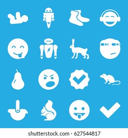 Cute icons set. set of 16 cute filled icons such as pear, mouse, squirrel, rabbit, baby, socks, emot showing tongue, angry emot, emoji, showing tongue emot, rolling eyes emoji