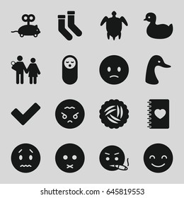 Cute icons set. set of 16 cute filled icons such as nest, goose, duck, baby food, mouse toy, socks, smiling emot, sad emot, smoking emot, angry emoji, notebook with heart