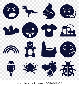 Cute icons set. set of 16 cute filled icons such as hippopotamus, octopus, squirrel, teddy bear, baby toy, baby potty, baby, emoji showing tongue, angry emot, smoking emot