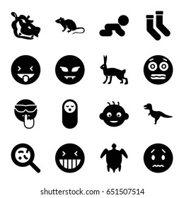 Cute icons set. set of 16 cute filled icons such as mouse, rabbit, hippopotamus, baby, baby food, socks, laughing emot, sad emot, shocked emoji, bacteria, turtle  illsutration