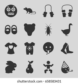 Cute icons set. set of 16 cute filled icons such as rabbit, mouse, goose, beetle, baby, baby onesie, socks, mittens, shocked emoji, party emot, emoji showing tongue, pear