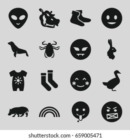 Cute icons set. set of 16 cute filled icons such as beetle, rabbit, hippopotamus, goose, seal, baby onesie, socks, smiling emot, blush, devil emot, angry emot