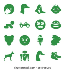 Cute Icons Set. Set Of 16 Cute Filled Icons Such As Rabbit, Goose, Dog, Baby, Bike, Socks, Sad Emot, Facepalm Emot, Shocked Emoji, Ninja, Robot, Bear