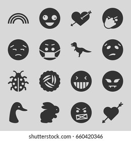Cute icons set. set of 16 cute filled icons such as nest, rabbit, goose, crazy emot, laughing emot, heart with arrow, emoji in mask, ladybug, rainbow