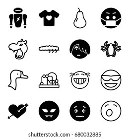 Cute icons set. set of 16 cute filled and outline icons such as heart with arrow, devil emot, emo emot, emoji in mask, t-shirt with heart, robot, hippopotamus, beetle, goose