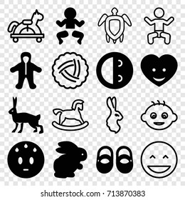 Cute icons set. set of 16 cute filled and outline icons such as rabbit, baby shoes, baby, sweating emot, laughing emot, heart face, nest, horse toy, turtle  illsutration