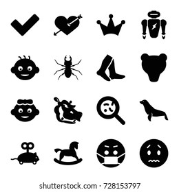 Cute icons set. set of 16 cute filled icons such as beetle, hippopotamus, seal, baby, baby girl, horse toy, mouse toy, crown, socks, sad emot, heart with arrow, emoji in mask