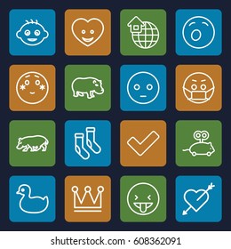 Cute icons set. set of 16 cute outline icons such as hippopotamus, baby, duck, mouse toy, Crown, socks, heart face, tick, global home, sad emot, shy emoji, yawn emot