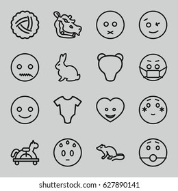 Cute icons set. set of 16 cute outline icons such as rabbit, mouse, hippopotamus, nest, baby onesie, heart face, smiling emot, wink emot, shy emoji, emoji in mask, bear