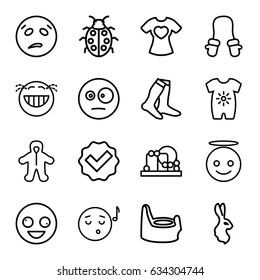 Cute Icons Set. Set Of 16 Cute Outline Icons Such As Rabbit, Baby Onesie, Baby Toy, Socks, Ladybug, T-shirt With Heart, Crazy Emot, Emoji Angel, Emoji Listening Music