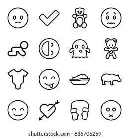 Cute icons set. set of 16 cute outline icons such as hippopotamus, teddy bear, baby onesie, baby bath, mittens, bear teddy, tick, smiling emot, sad emot, ghost