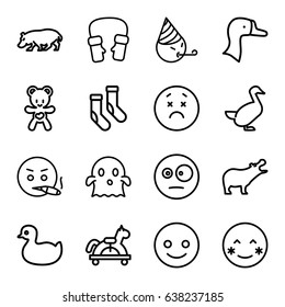 Cute icons set. set of 16 cute outline icons such as hippopotamus, goose, duck, socks, mittens, bear teddy, smiling emot, blush, upset emot, ghost