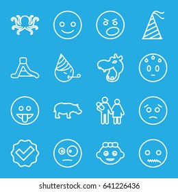 Cute icons set. set of 16 cute outline icons such as hippopotamus, octopus, baby girl, party hat, waterslide, smiling emot, sad emot, tick