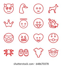 Cute icons set. set of 16 cute outline icons such as dog, octopus, goose, hippopotamus, baby onesie, baby shoes, crown, heart face, emoji in mask, emot in sun glasses