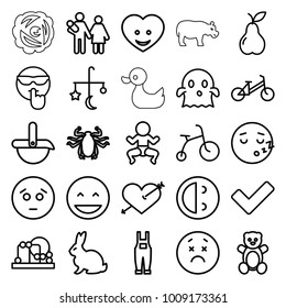 Cute icons. set of 25 editable outline cute icons such as rabbit, beetle, bed mobile, teddy bear, child bicycle, baby toy, laughing emot, sad emot, heart with arrow, ghost