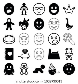 Cute icons. set of 25 editable filled and outline cute icons such as goose, sweating emot, party emot, crawling baby, robot, notebook with heart, teddy bear