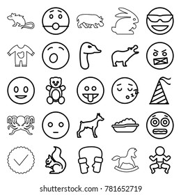 Cute icons. set of 25 editable outline cute icons such as hippopotamus, dog, squirrel, goose, teddy bear, baby bath, mittens, smiling emot, emot in sun glasses, shocked emoji