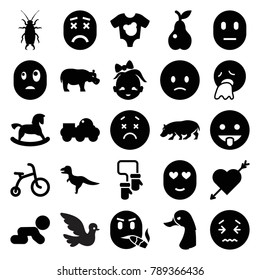 Cute icons. set of 25 editable filled cute icons such as beetle, hippopotamus, horse toy, child bicycle, dinosaur, sad emot, upset emot, heart with arrow, crawling baby, pear