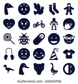 Cute icons set. set of 25 cute filled icons such as goose, child bicycle, baby mitten, baby, socks, laughing emot, blush, emoji in mask, sad emot, lollipop, ladybug