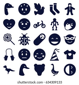 Cute icons set. set of 25 cute filled icons such as goose, child bicycle, baby mitten, baby, socks, laughing emot, blush, emoji in mask, sad emot, lollipop, ladybug