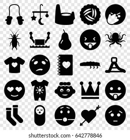 Cute icons set. set of 25 cute filled icons such as nest, pear, octopus, beetle, bed mobile, baby girl, baby food, crown, socks, sad emot, emot in love, caterpillar