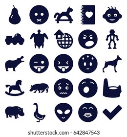 Cute icons set. set of 25 cute filled icons such as pear, hippopotamus, dog, goose, baby, horse toy, baby potty, sad emot, emoji showing tongue, sweating emot, alien head