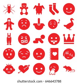 Cute icons set. set of 25 cute filled icons such as mouse, beetle, goose, baby, teddy bear, crown, socks, smiling emot, sad emot, heart with arrow, emoji listening music