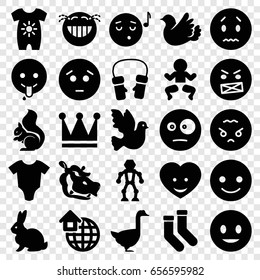 Cute icons set. set of 25 cute filled icons such as rabbit, squirrel, goose, hippopotamus, baby onesie, crown, socks, mittens, smiling emot, sad emot, emoji listening music