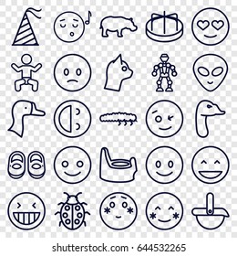 Cute icons set. set of 25 cute outline icons such as baby, hippopotamus, goose, baby shoes, child playground carousel, baby potty, ladybug, caterpillar, party hat, robot