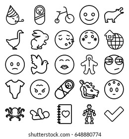 Cute icons set. set of 25 cute outline icons such as hippopotamus, octopus, goose, rabbit, baby onesie, baby food, child bicycle, baby, notebook with heart, tick, global home